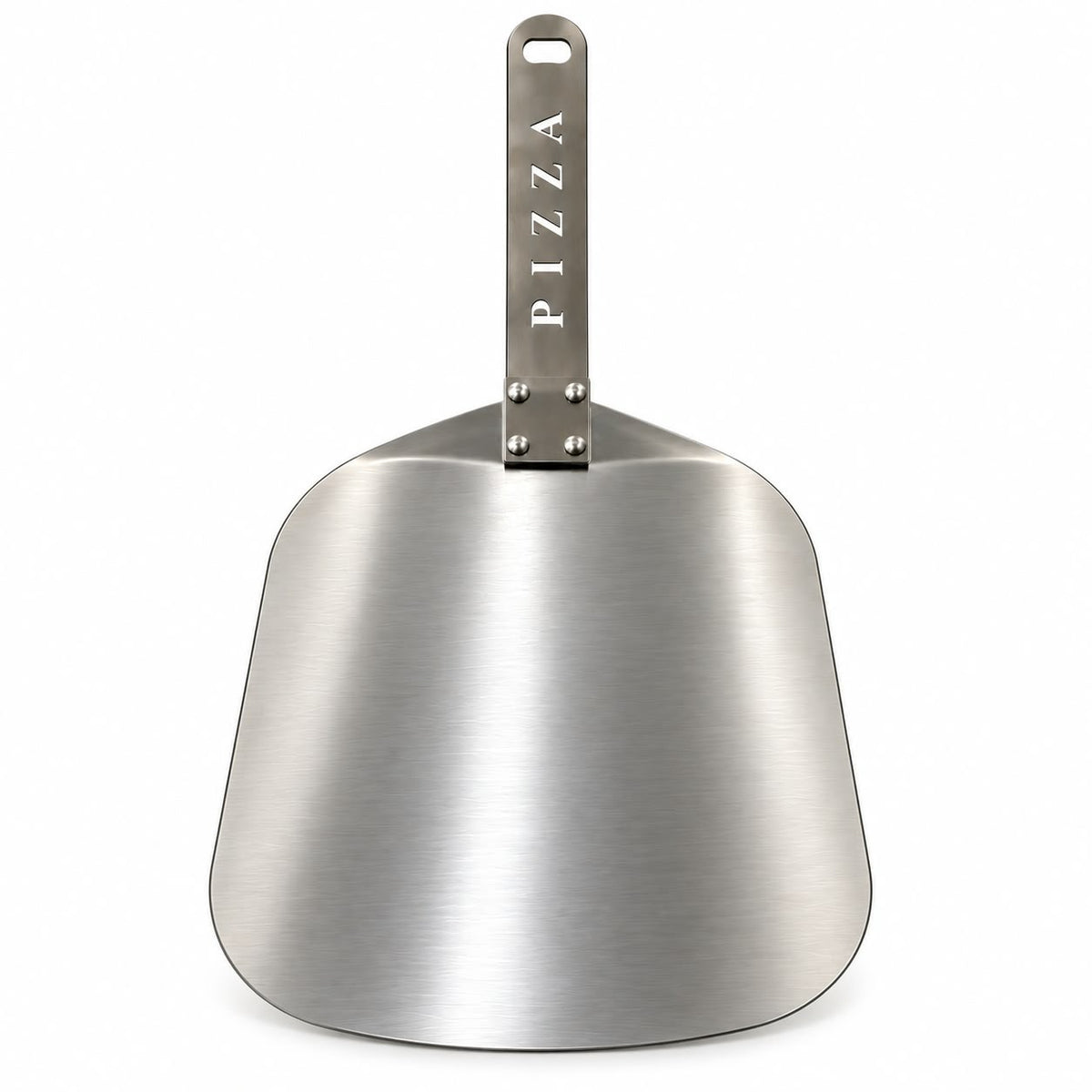 Stainless steel pizza scoop with PIZZA cut-out handle, front view