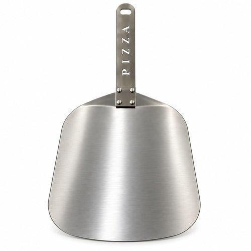 Stainless steel pizza scoop with PIZZA cut-out handle, front view