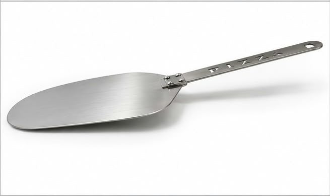 Stainless steel pizza scoop with PIZZA cut-out handle, side view