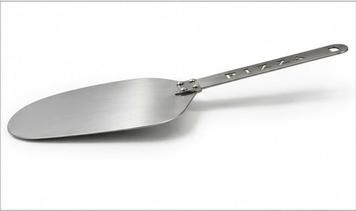 Stainless steel pizza scoop with PIZZA cut-out handle, side view