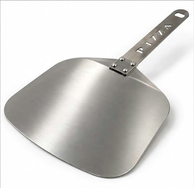Stainless steel pizza scoop with PIZZA cut-out handle, angled view